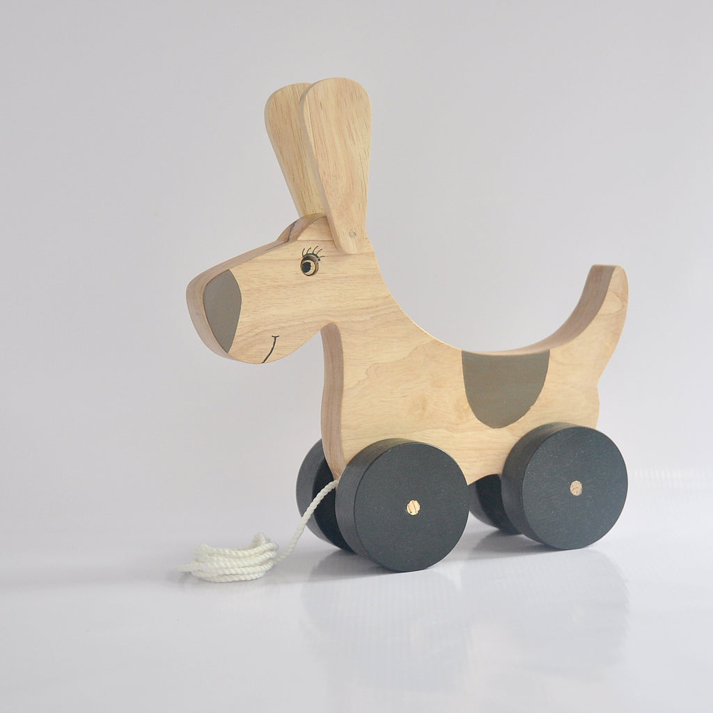 Eco friendly non toxic wooden toys for children.  Wooden baby and toddler toys, pull along wooden toy dog