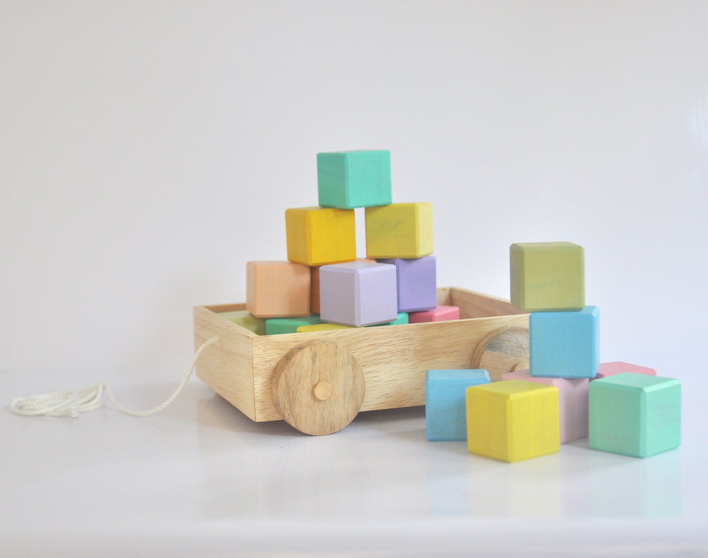 WOODEN BLOCKS AND WOODEN TOY CART