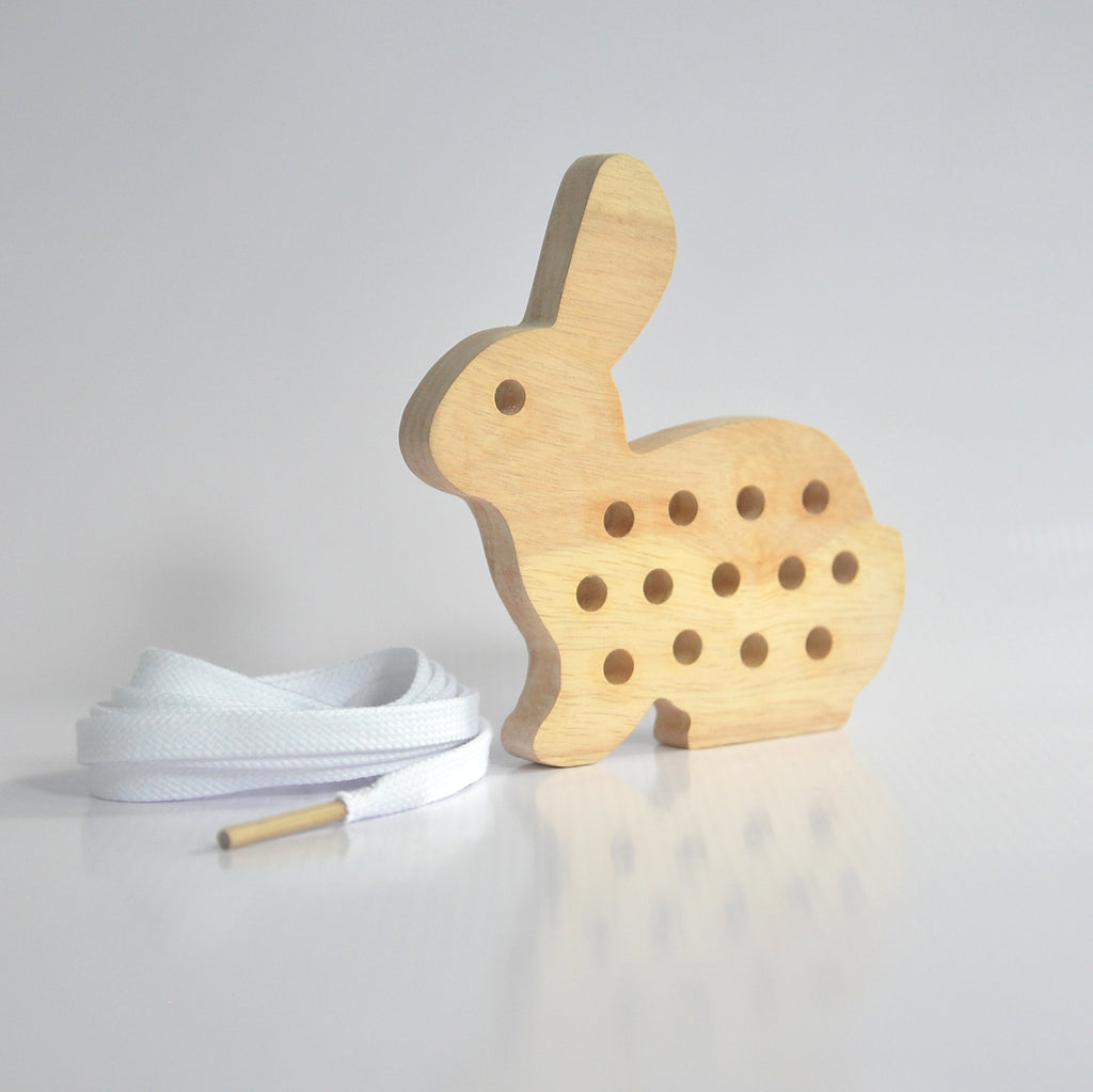 Wooden bunny lacing toy